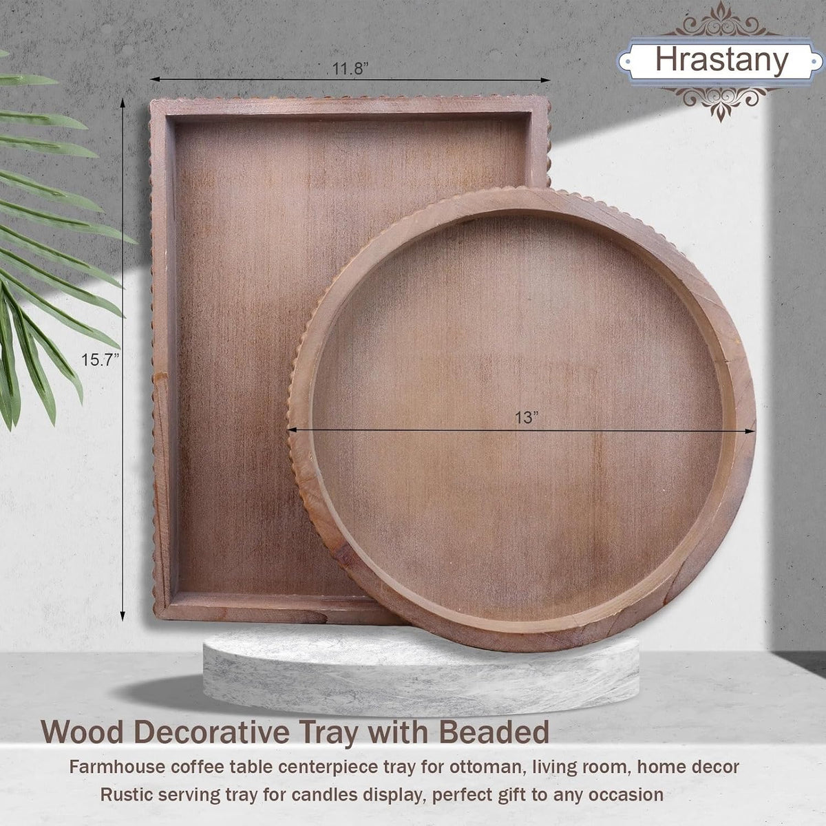 Hrastany Wood Decorative Tray, Distressed Outdoor Serving Tray with Wooden Bead for Ottoman, Coffee Table, Entertaining, Home Decor, Rectangular 15.7”*11.8”*1.57” (Retro Brown)