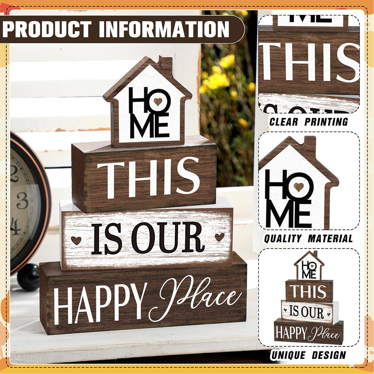 Cinnvoice 4 Pcs Farmhouse Table Decoration Rustic Sign Block,Vintage Home | This Is Our Happy Place Wood Sign, Home Tabletop Centerpiece, Modern Farmhouse Decor for Home Kitchen Shelf Tier Tray Decor