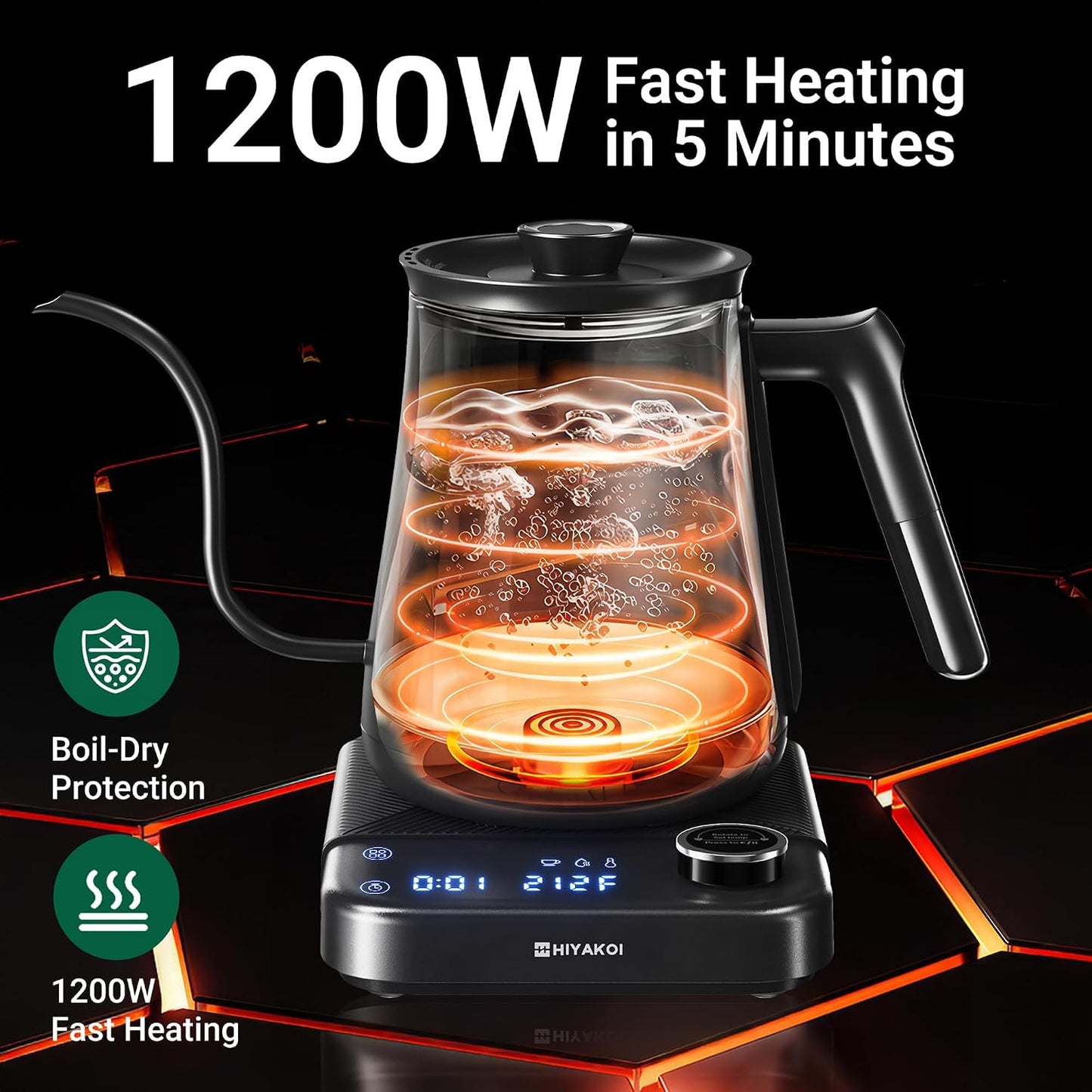 Gooseneck Electric Kettle HIYAKOI with ±1℉ Temperature Control, Pour Over Kettle for Coffee &amp; Tea, 1200W Rapid Heating, Stainless Steel Water Boiler with 12H Keep Warm &amp; Built-in Timer, 0.8L/27oz