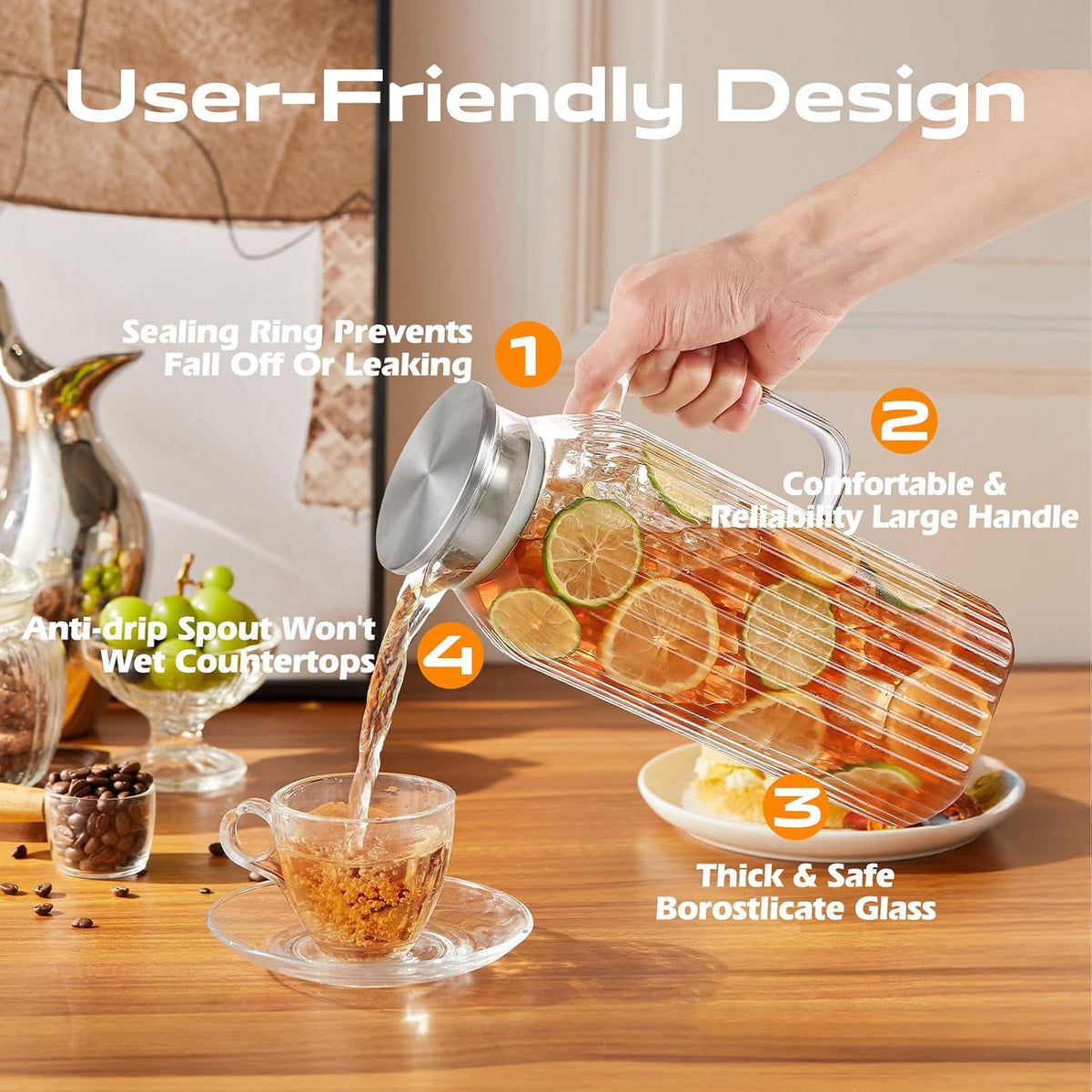 Aofmee 68oz Glass Pitcher with Lid and Handle for Fridge, Clear Striped | Iced Tea Pitcher for Fridge, Borosilicate Glass Carafe, Sun Tea Jar, Dual Pour Stainless Lid, Dishwasher Safe