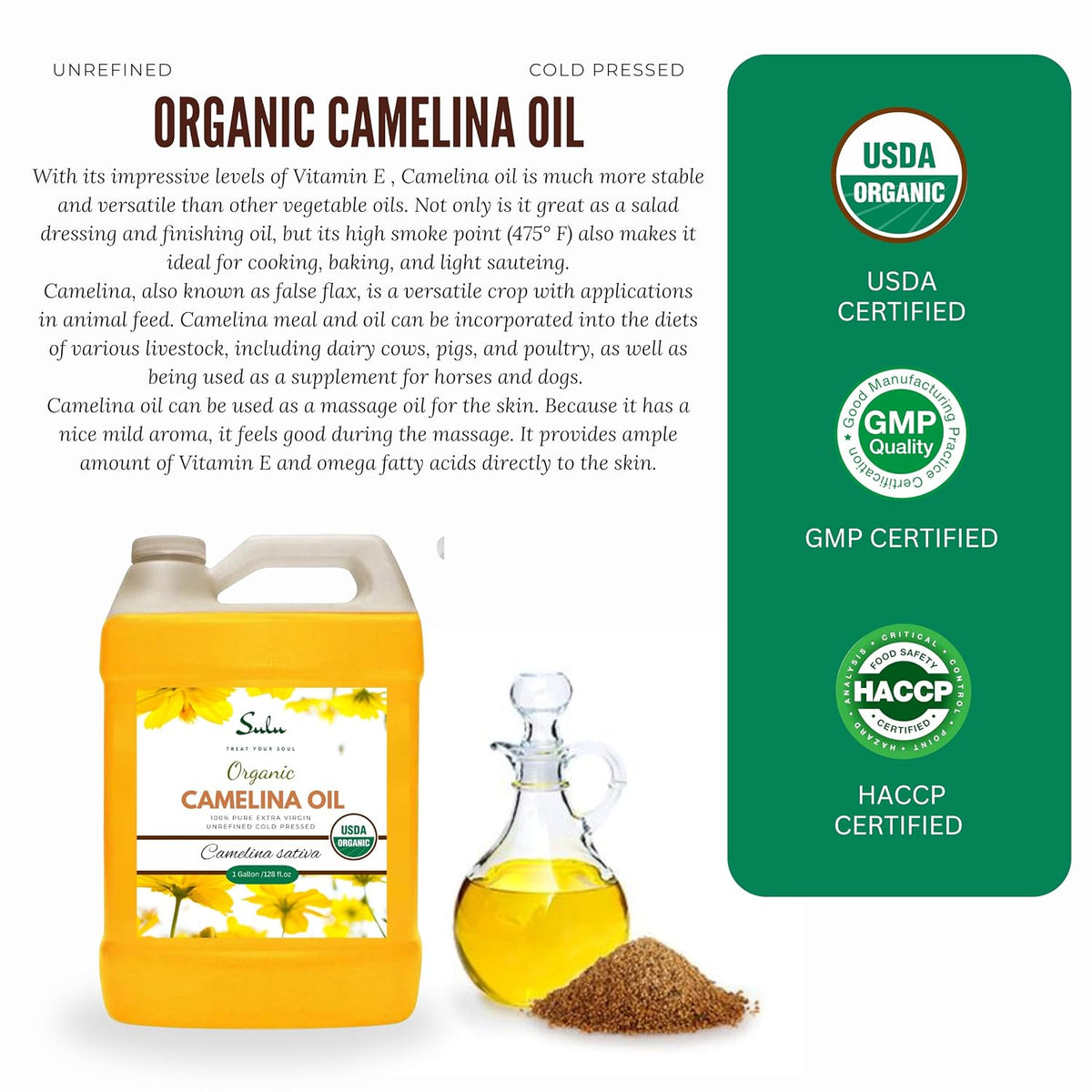 100% Pure Extra Virgin USDA Organic Unrefined Cold Pressed Camelina Seed Oil 1 Gallon (128 FL.OZ)-Great oil for Cooking