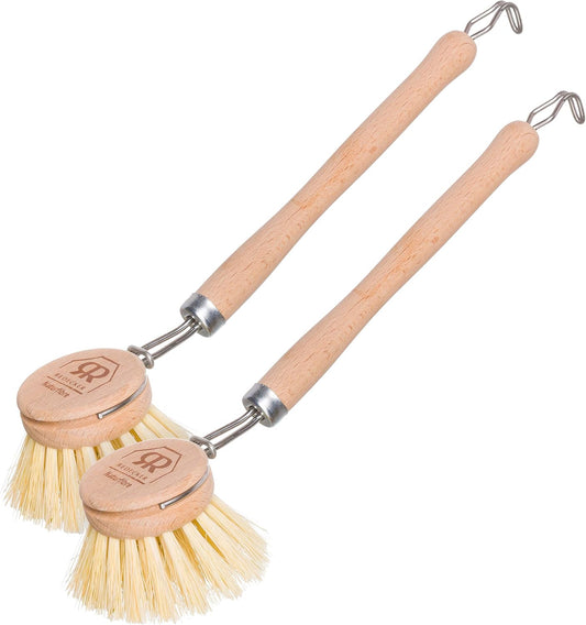 REDECKER 2-Pack Tampico Fiber Bristle 1-1/2-Inch All-Purpose Kitchen Dish Scrub Brush with Beechwood Handle - Wooden Brush