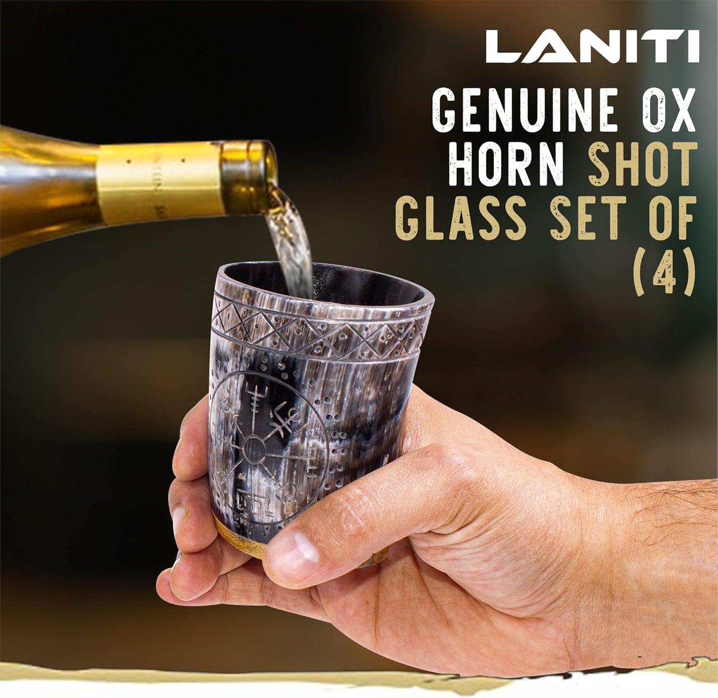 Ox Horn Shot Glass Set of 4 – Handcrafted Viking Cups with Unique Engraved Design – Cool Norse Horn Shot Glasses for Ancient Age Whiskey