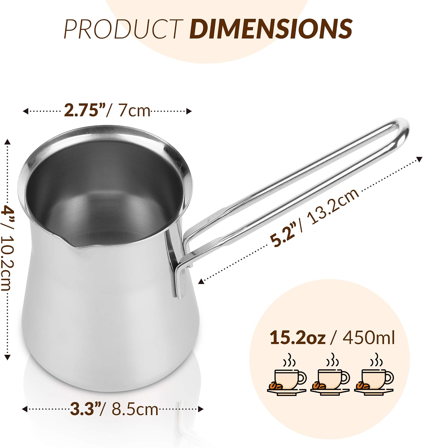 Quality Turkish Coffee Pot - Turkish Coffee Maker, Chai Pot, Arabic Coffee Pot, Briki Greek Coffee Pot, Greek Briki, Cezve, Ibrik (15oz)