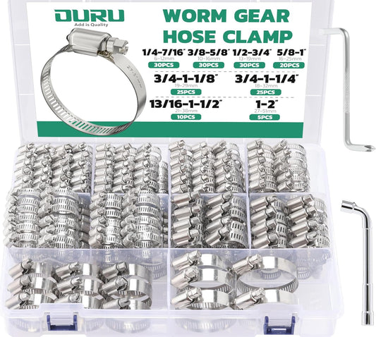 175PCS Hose Clamps Stainless Steel Assortment Adjustable 1/4"-2"(6-51mm) Worm Gear Hose Clamp, Heavy Duty Metal Small Hose
