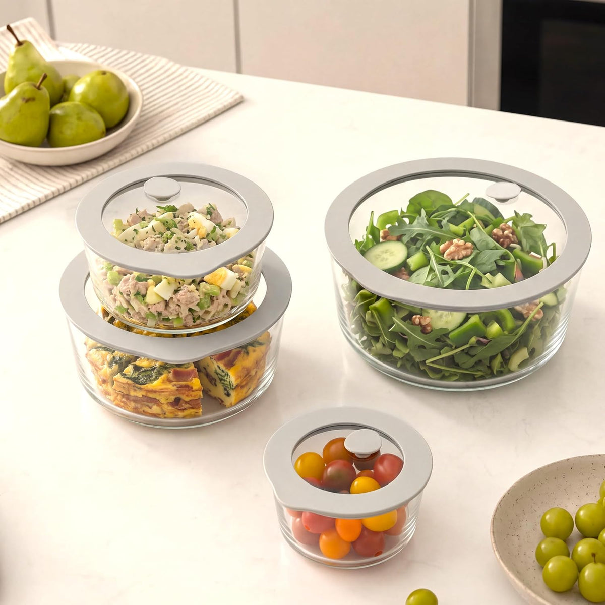 Glass Food Containers with Glass Lid, Microwave Safe Food Storage Container, Large 4 Pack Round Shape, Food Containers with Lids, Meal Prep containers with Leak Proof Lid.