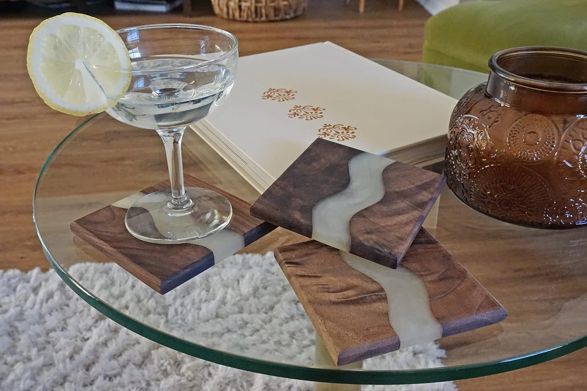 Generic Wood Coaster Set for Drinks | Handmade with Dark Walnut &amp; Natural Wood Sealant Finish for Water Resistance, Easy Cleaning &amp; No Stains | Epoxy Resin River (4 Pieces) (White)