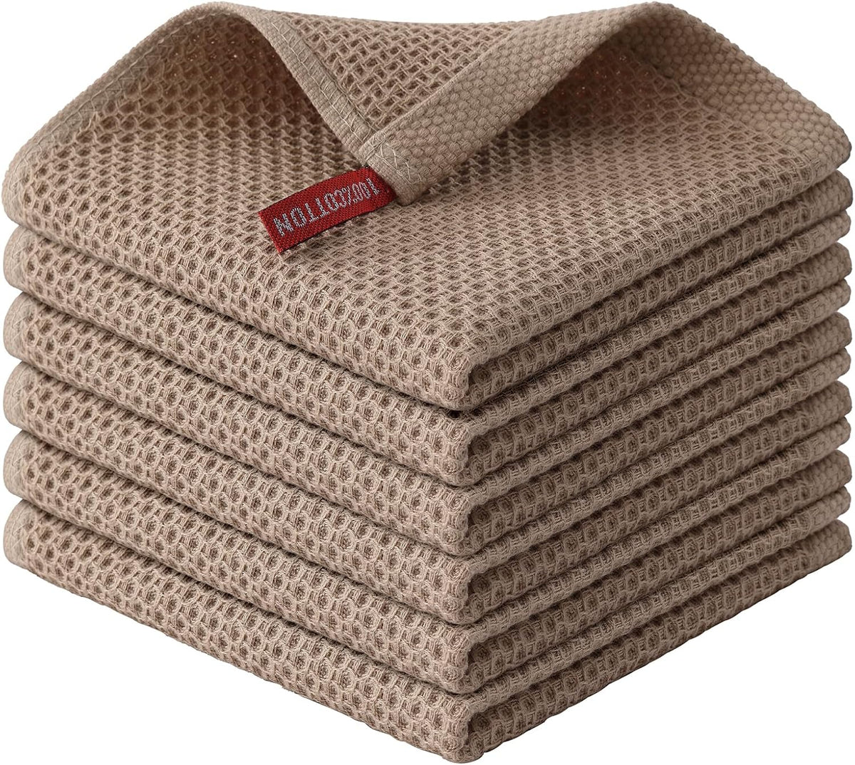 Kitinjoy 100% Cotton Kitchen Dish Cloths, 6 Pack Waffle Weave Ultra Soft Absorbent Dish Towels for Drying Dishes Quick Drying Kitchen Towels Dish Rags, 12 X 12 Inches, Tan