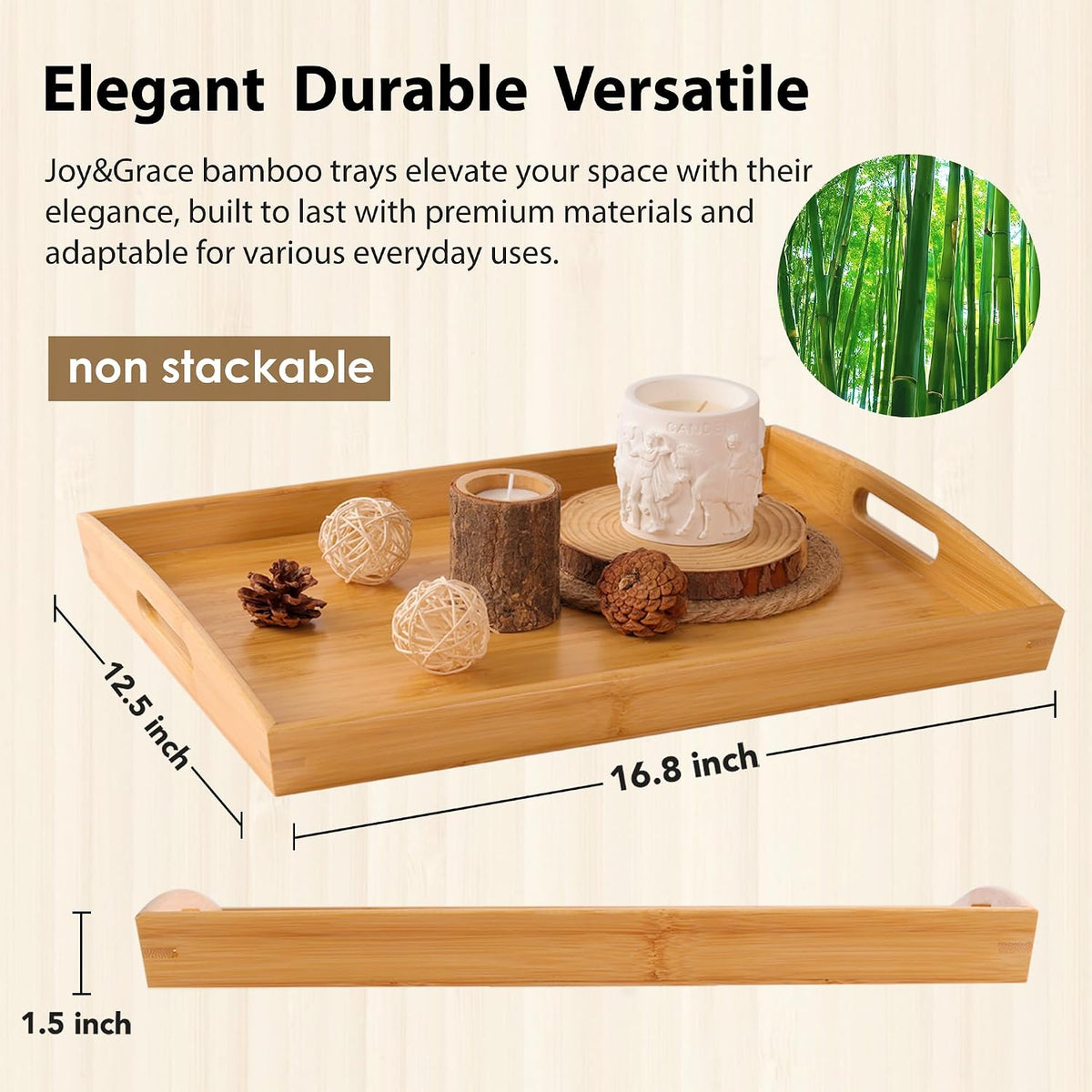 Joy&amp;Grace Bamboo Serving Tray with Handles 16.8 x 12.5 inch | Dinner Food Tray for Bed Breakfast Eating, Serving Tray for Coffee Table Ottoman TV, Decorative Wood Charcuterie Platter