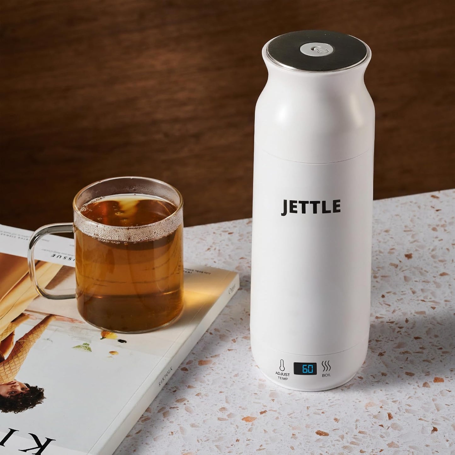 Jettle Portable Electric Kettle, 450ml Travel Water Boiler with LED, White | 304 stainless steel interior, 12 temperature settings, auto shut-off, dry-boil protection, ideal for coffee, tea and travel