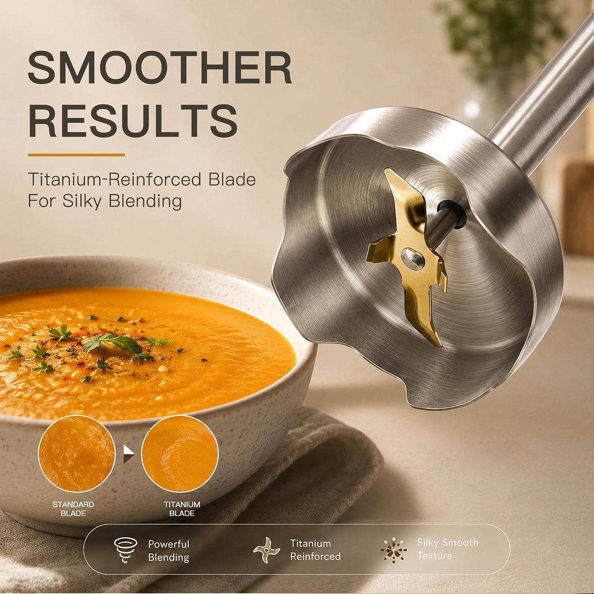 MegaWise 3‑in‑1 Immersion Hand Blender, 12‑Speed Titanium Stainless Steel Stick Blender with Whisk &amp; Milk Frother