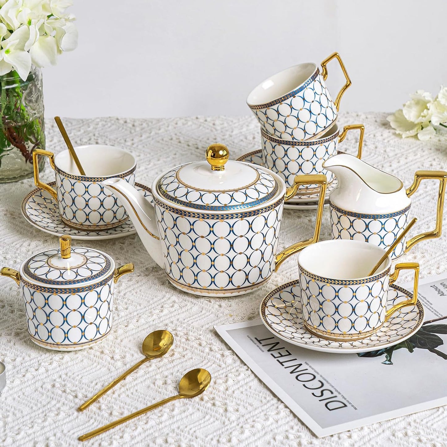 CwlwGO- Bone China Tea Cup Sets,15-Pieces Tea Cup and Saucer Set Service For 4 Whit 28 Ounces Teapot,Sugar Bowl,Creamer