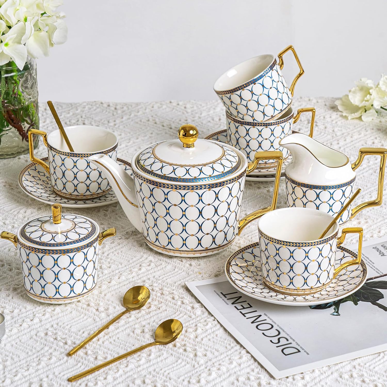 CwlwGO- Bone China Tea Cup Sets,15-Pieces Tea Cup and Saucer Set Service For 4 Whit 28 Ounces Teapot,Sugar Bowl,Creamer