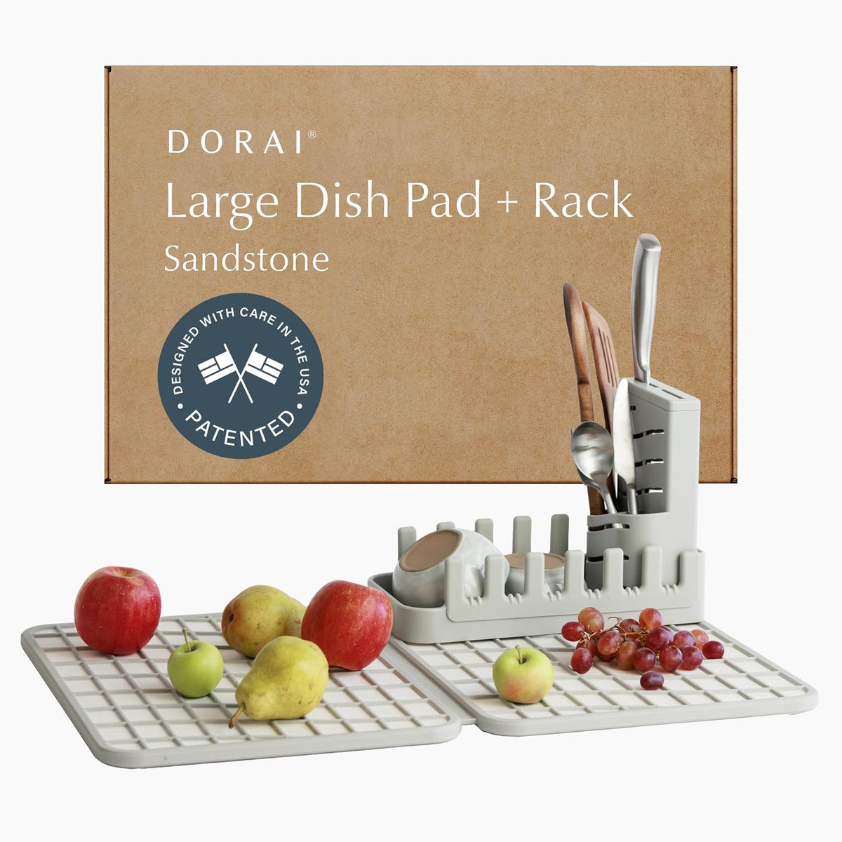 Dorai Home Collapsible Dish Drying Rack with Stone Dish Pad - Kitchen Counter Set with Diatomaceous Earth Stone Dish Mat for Quick Drying - Space-Saving Design - Large 24.6" x 16.5", Sandstone