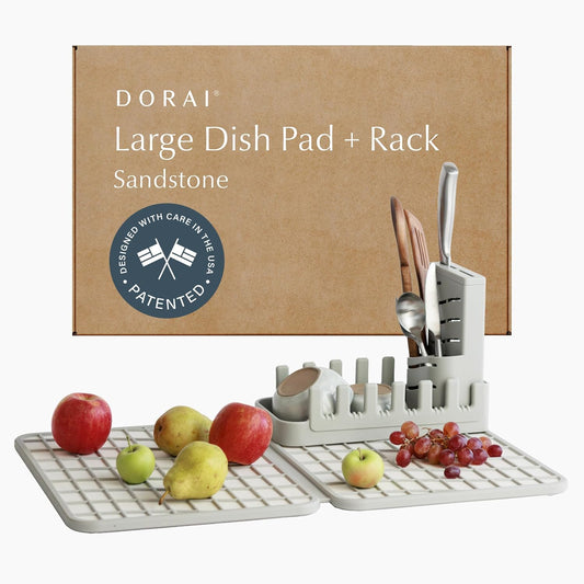 Dorai Home Collapsible Dish Drying Rack with Stone Dish Pad - Kitchen Counter Set with Diatomaceous Earth Stone Dish Mat for Quick Drying - Space-Saving Design - Large 24.6" x 16.5", Sandstone