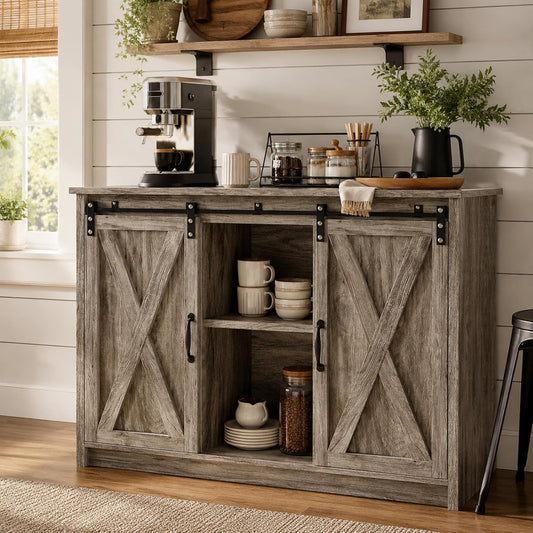 4 EVER WINNER Farmhouse Coffee Bar, 42 Inch Coffee Bar Cabinet, Wash Grey