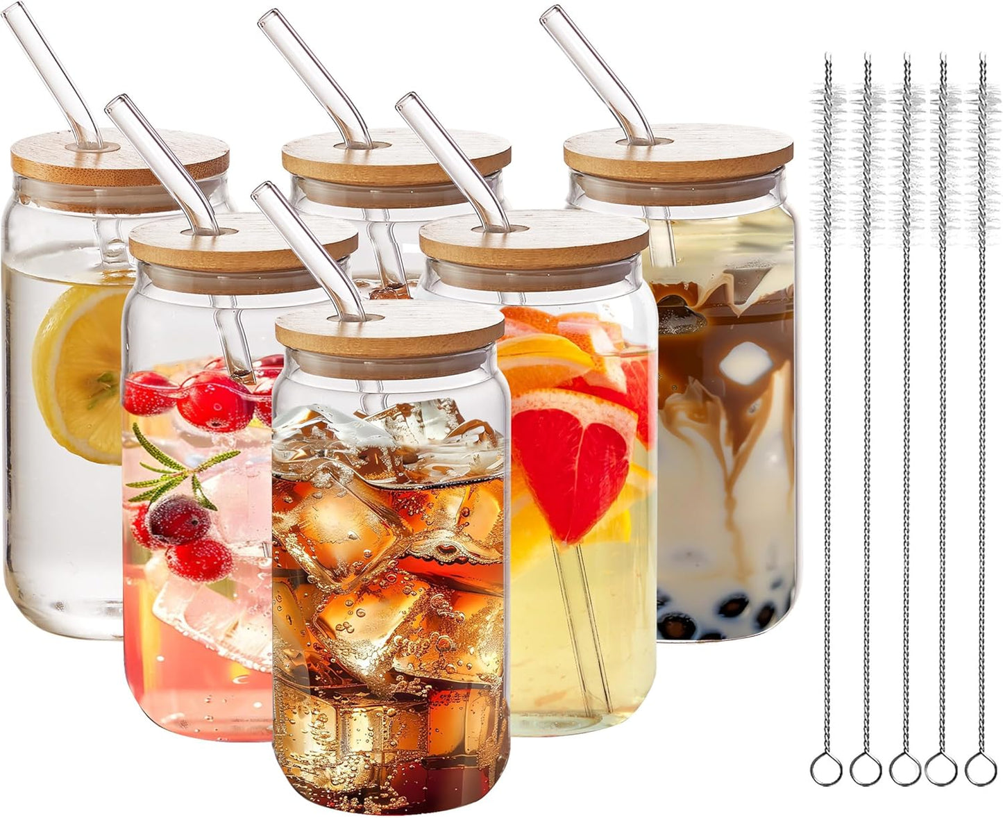 6pcs Set-16oz, Glass Cups with Bamboo Lids and Glass Straw - Beer Can Shaped,CuteTumbler Cup,Soda,de
