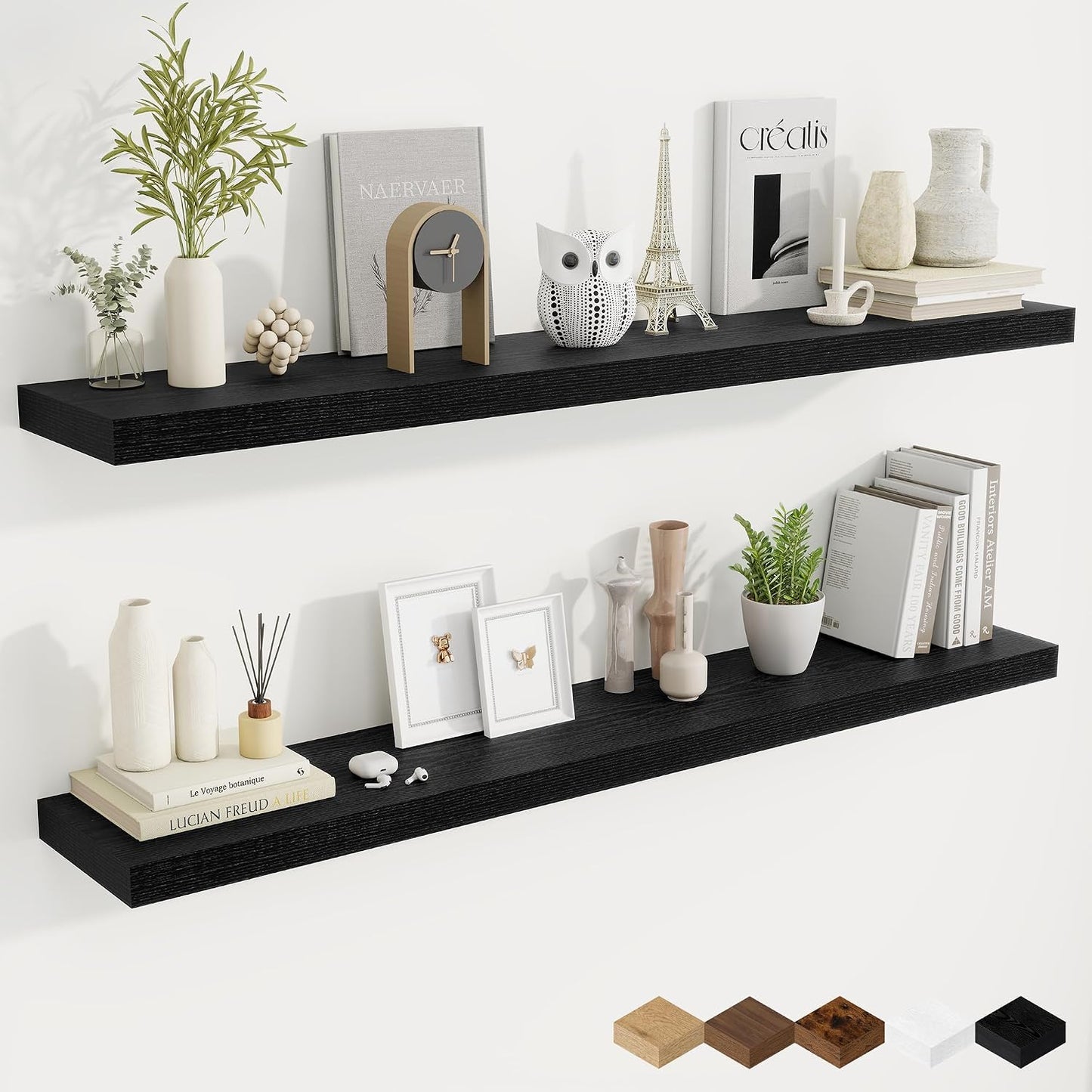Fun Memories 55 Inch Fireplace Mantel Shelf, 9.3" Deep Floating Shelves for Wall, Long Wall Mounted Farmhouse Display Shelves with Invisible Heavy Duty Metal Bracket, Black, 2 Pack