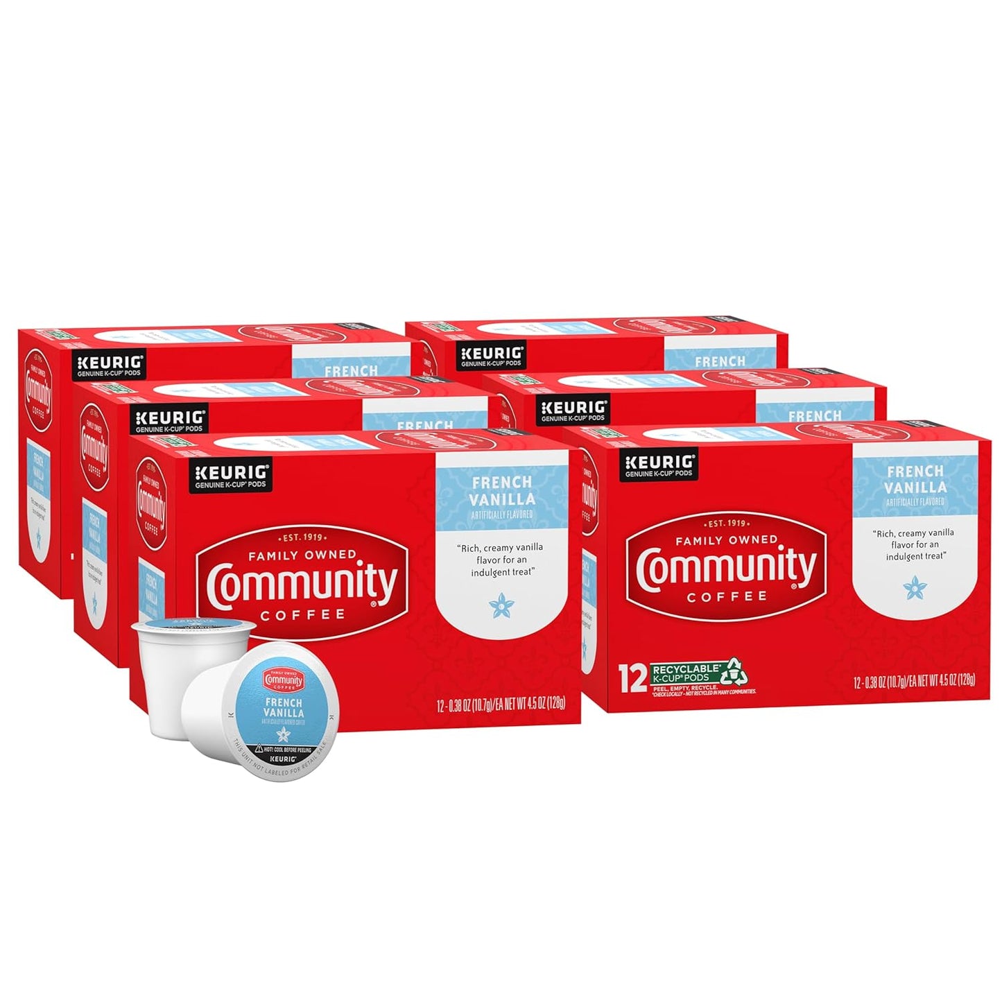 Community Coffee French Vanilla Flavored 72 Count Coffee Pods, Medium Roast, Compatible with Keurig 