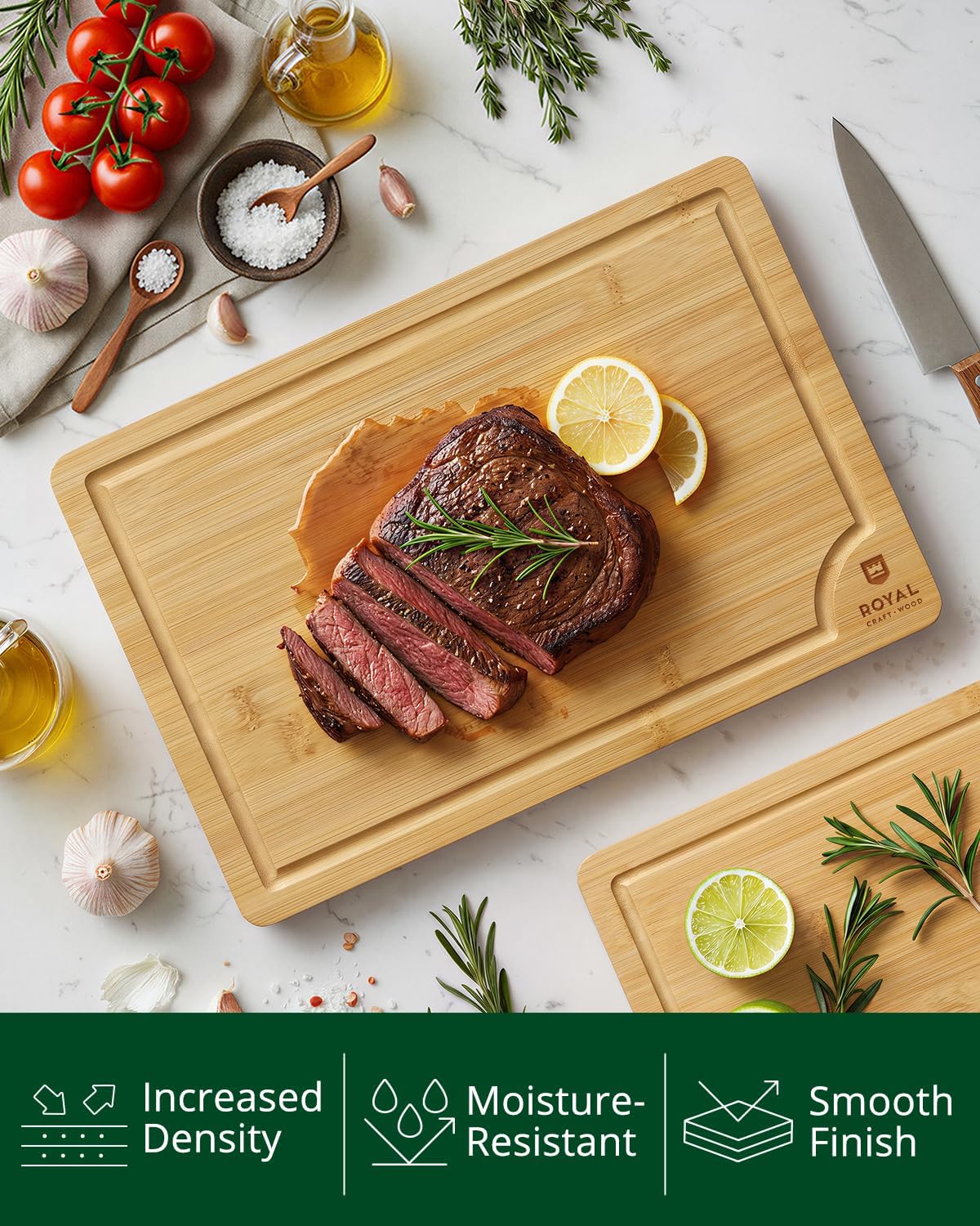 ROYAL CRAFT WOOD Wooden Cutting Boards for Kitchen Meal Prep &amp; Serving - Bamboo Wood Serving Board Set with Deep Juice Groove Side Handles - Charcuterie &amp; Chopping Butcher Block for Meat