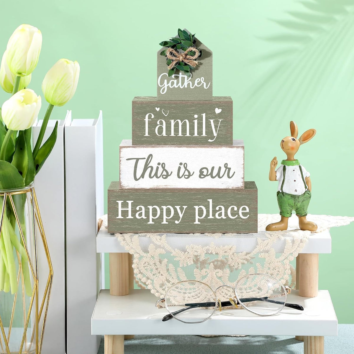 Cinnvoice 4 Pcs Farmhouse Table Decoration Rustic Sign Block,Gather Family | Sage Green Eucalyptus Wood Sign, Home Tabletop Centerpiece, Farmhouse Decor for Home Kitchen Office Shelf Mantel Decor