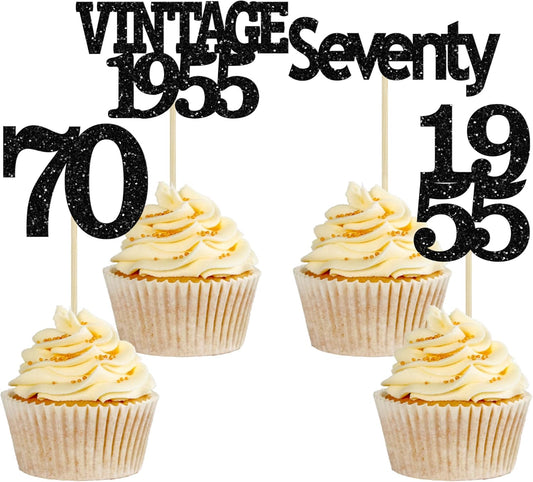Gyufise 24Pcs Vintage 1955 Cupcake Toppers Glitter Cheers to 70 Fabulous Seventy Cupcake Picks 70th Birthday Wedding