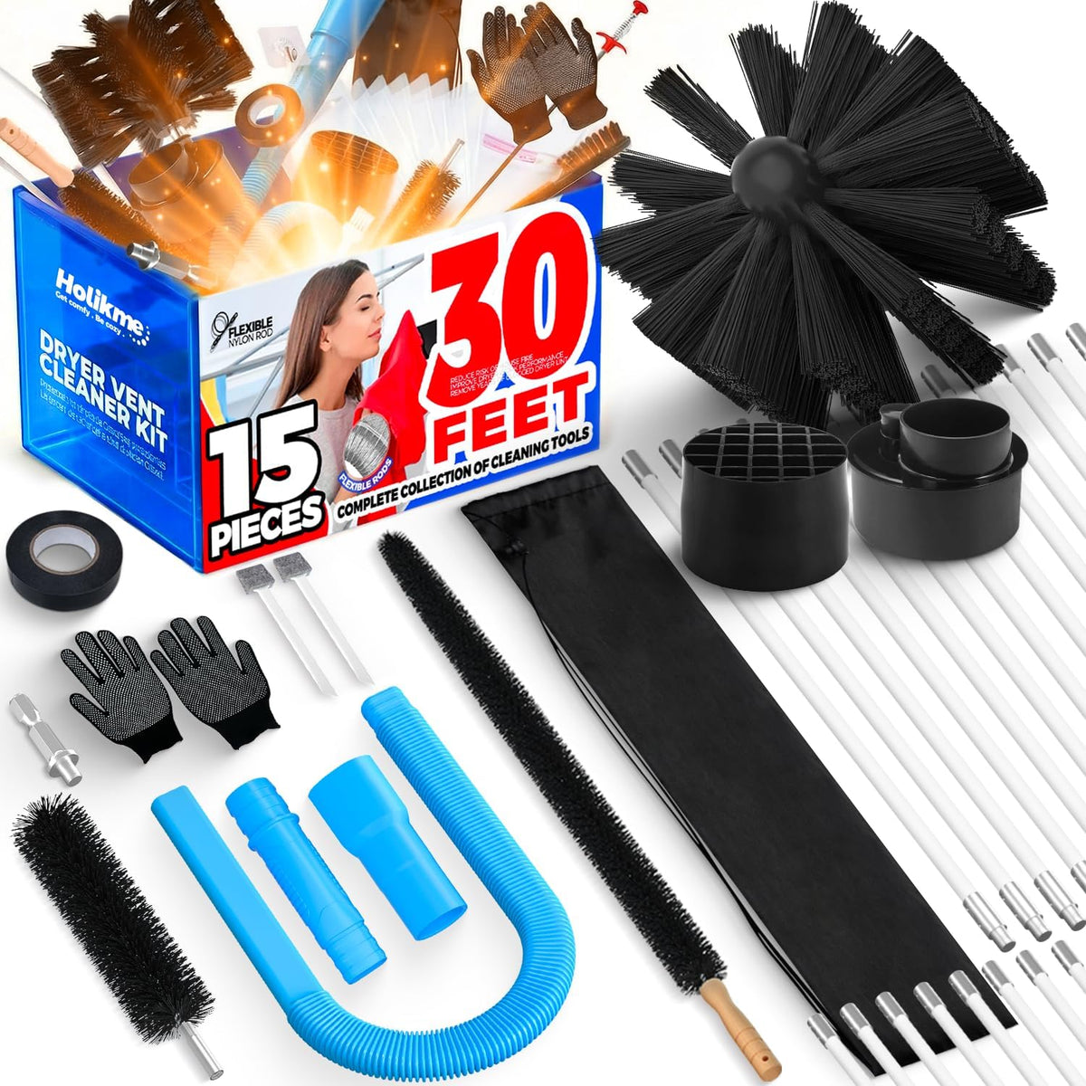 Holikme 30FT Dryer Vent Cleaner Kit 15Pcs - Lint Remover Brush Vacuum Tools