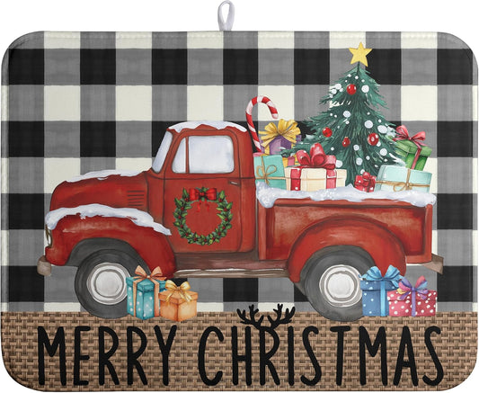 Merry Christmas Truck Dish Drying Mat Winter Large Kitchen Mats Dish Drying Pad Xmas Tree Absorbent Dish Dryer Mat for