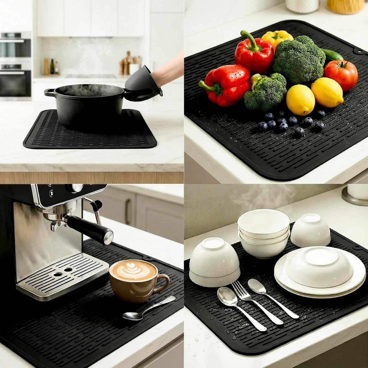 MicoYang Silicone Dish Drying Mat for Multiple Usage,Easy clean,Eco-friendly,Heat-resistant Silicone Mat for Kitchen Counter or Sink,Refrigerator or Drawer Liner Black XL 18 inches x 16 inches