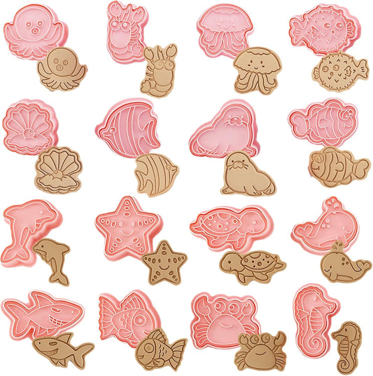 16Pcs Ocean Animal Cookie Cutters with Plunger Stamps Set, Fish, Dolphin, Starfish Plastic Biscuit Cutters, Sea Themed DIY