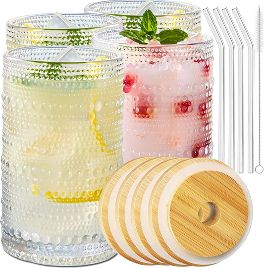 4 Pcs Iced Coffee Glasses Cups with Bamboo Lids and Straws,12 oz Thick Emboss Beaded Drinking Glass Cup Set,Latte