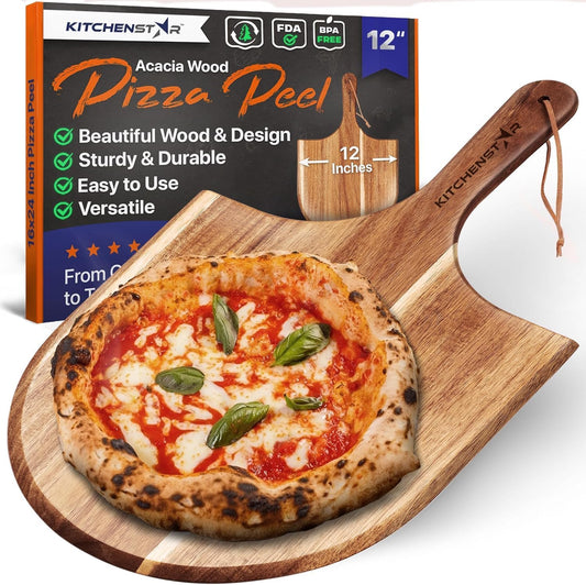 KitchenStar 12-Inch Acacia Wood Pizza Peel – Wooden Cutting & Serving Board with Handle & Hanging Loop – Natural Oil Finish