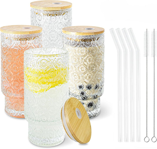 4 Pcs 11oz Drinking Glasses Cups Set with Bamboo Lids Straws Brush Small Embossed Glassware Set for Juice Iced Coffee
