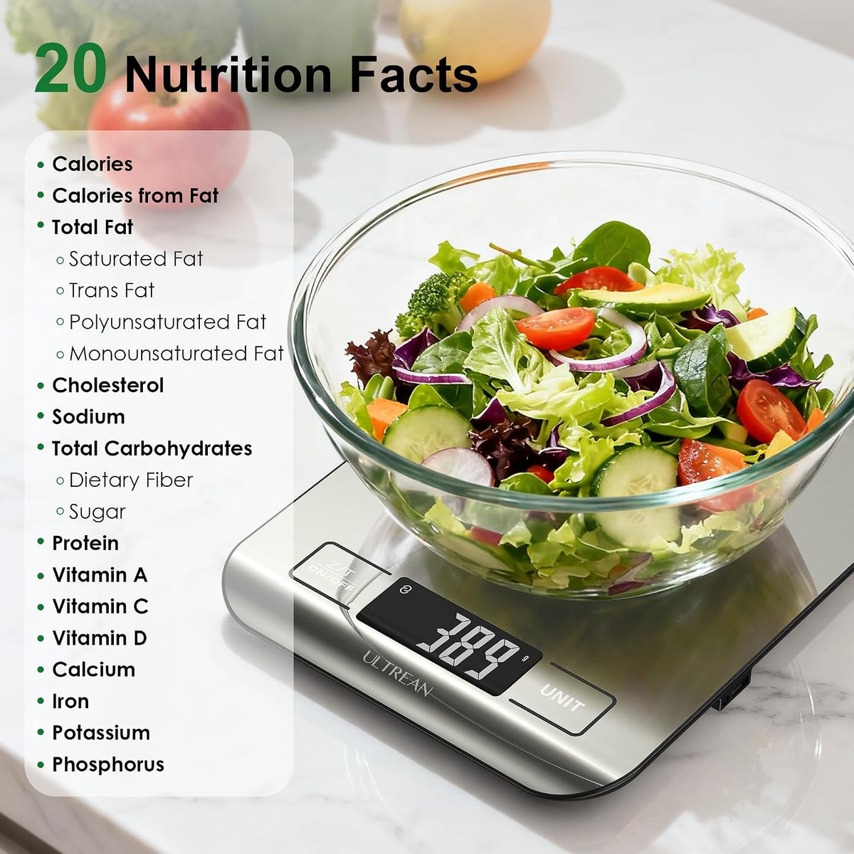 Ultrean Smart Food Kitchen Scale with Nutritional Calculator, App for Macro &amp; Calorie Tracking, AI Scan, Digital Grams and Ounces for Weight Loss, Rechargeable, Stainless Steel, 33lb /15kg