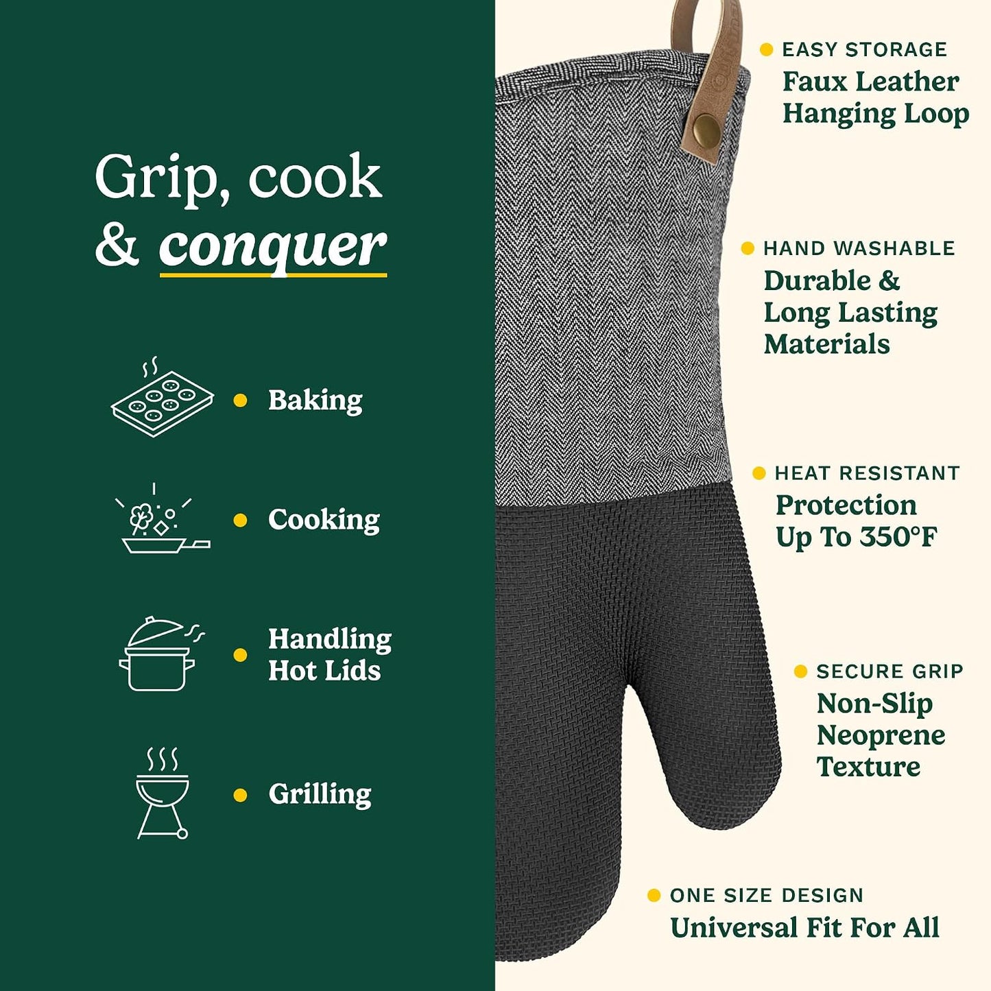 Cuisinart Heritage Kitchen Oven Mitts, Heat-Resistant, 2-Pack, 7"x13" | Non-slip neoprene palm grips up to 350°F, long cuff shields forearms, hang loop for storage, handles cast iron and grilling