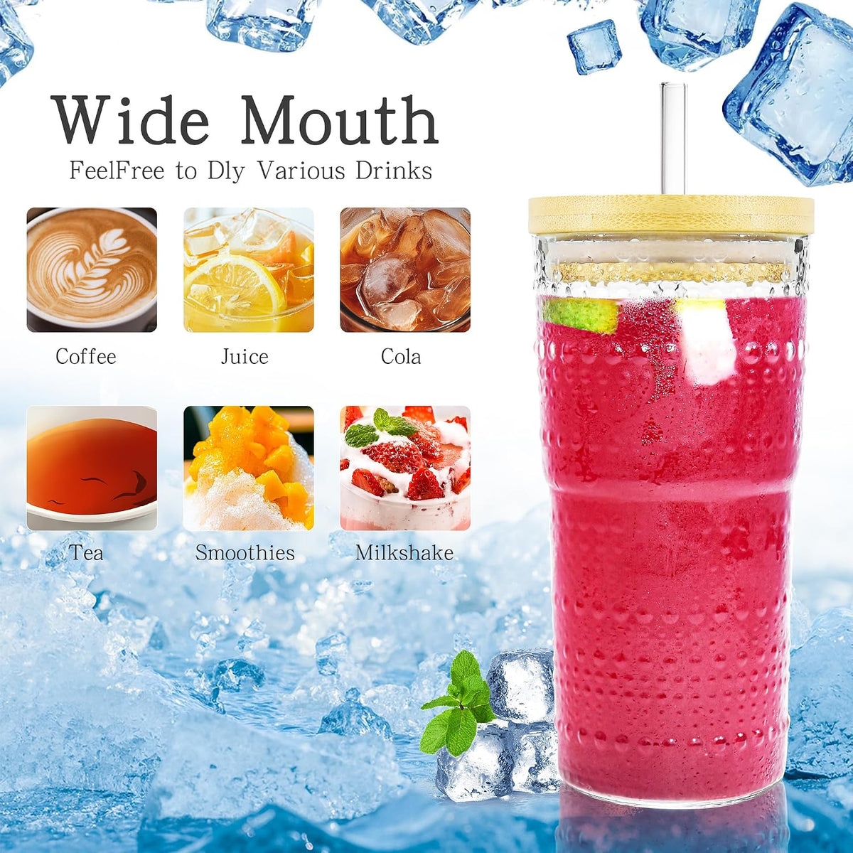 4 Pack 20oz Hobnail Drinking Glasses with Bamboo Lids and Glass Straw