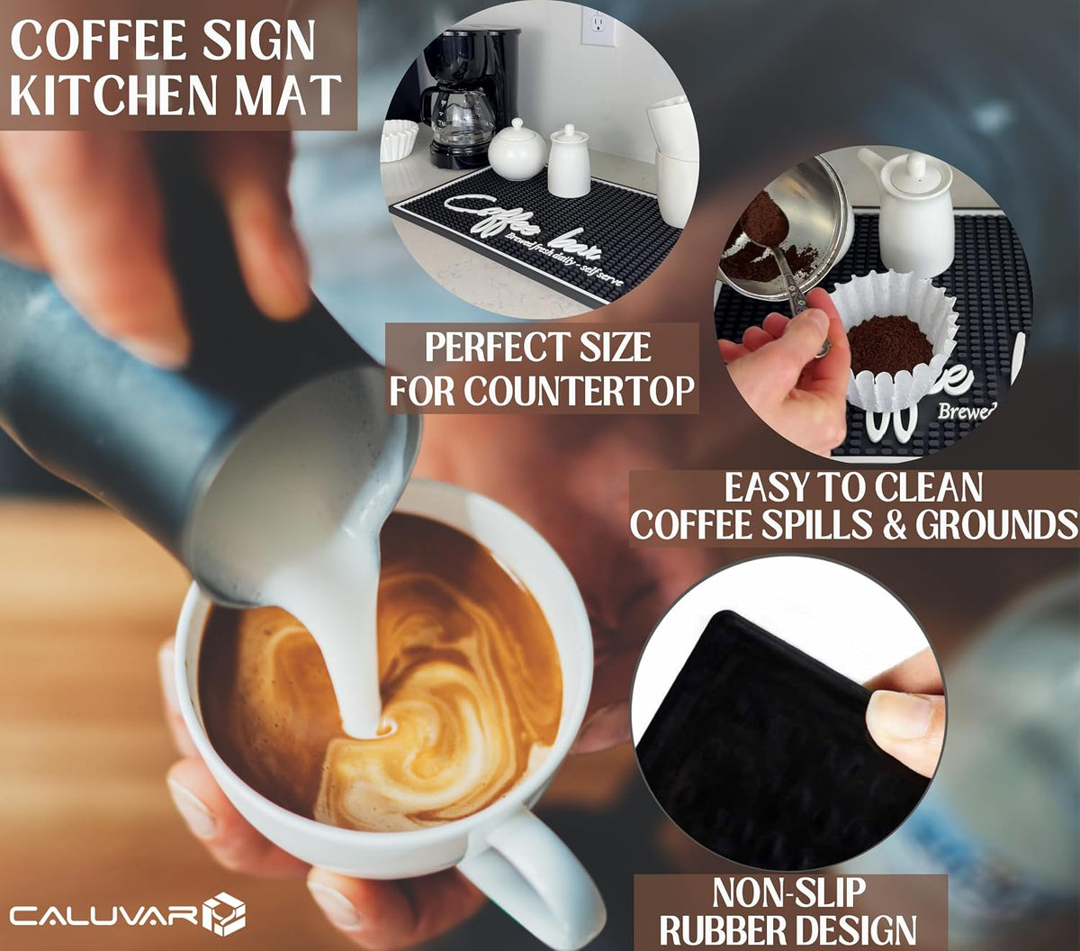 Brewed Fresh Daily Silicone Coffee Bar Mat 18x12 in, Self Serve Coffee Station Sign Mat, Hostess Gift, Farmhouse Kitchen Decor, Non-Slip Espresso Machine Mat, Barista Accessories