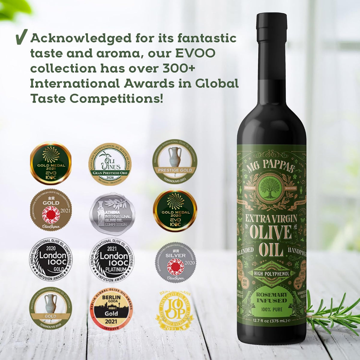 M.G. PAPPAS Rosemary Infused Olive Oil - High Polyphenol Rich Extra Virgin Olive Oil Unfiltered - Over 500mg/Kg - Cold Pressed Greek EVOO Award Winning - Rosemary Oil Cooking 12.7 Oz