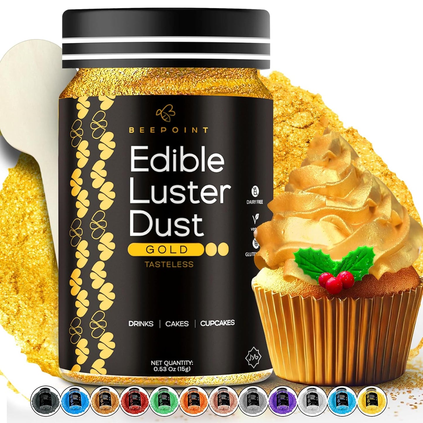 BeePoint Gold Edible Luster Dust 15g - Food Grade, Vibrant Color Shimmer Powdered Dust for Drinks, C