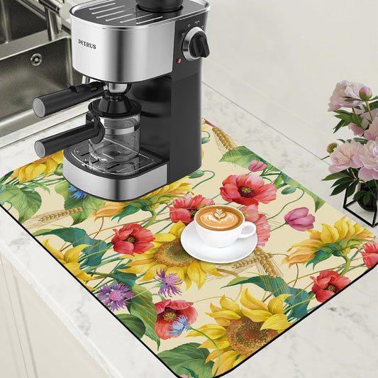 Yellow Sunflower Cornflower Coffee Mat Absorbent Dish Drying Mat for Kitchen Counter Hide Stain Rubber Backed Coffee Bar