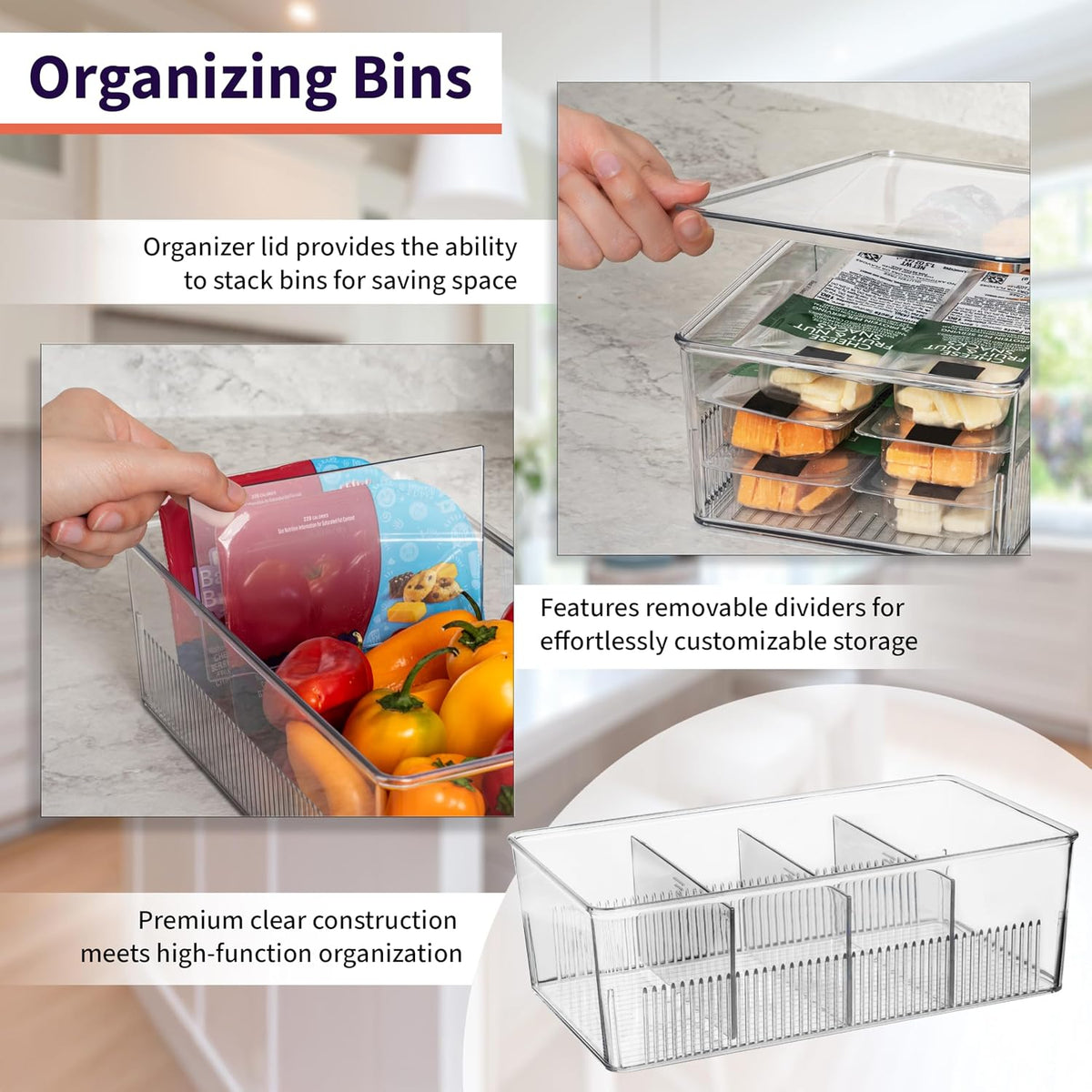 ClearSpace Plastic Pantry Organization and Storage Bins with Dividers & Lids – Perfect Kitchen Organization or Kitchen Storage – Fridge Organizer, Refrigerator Bins, Cabinet Organizers, 4 Pack