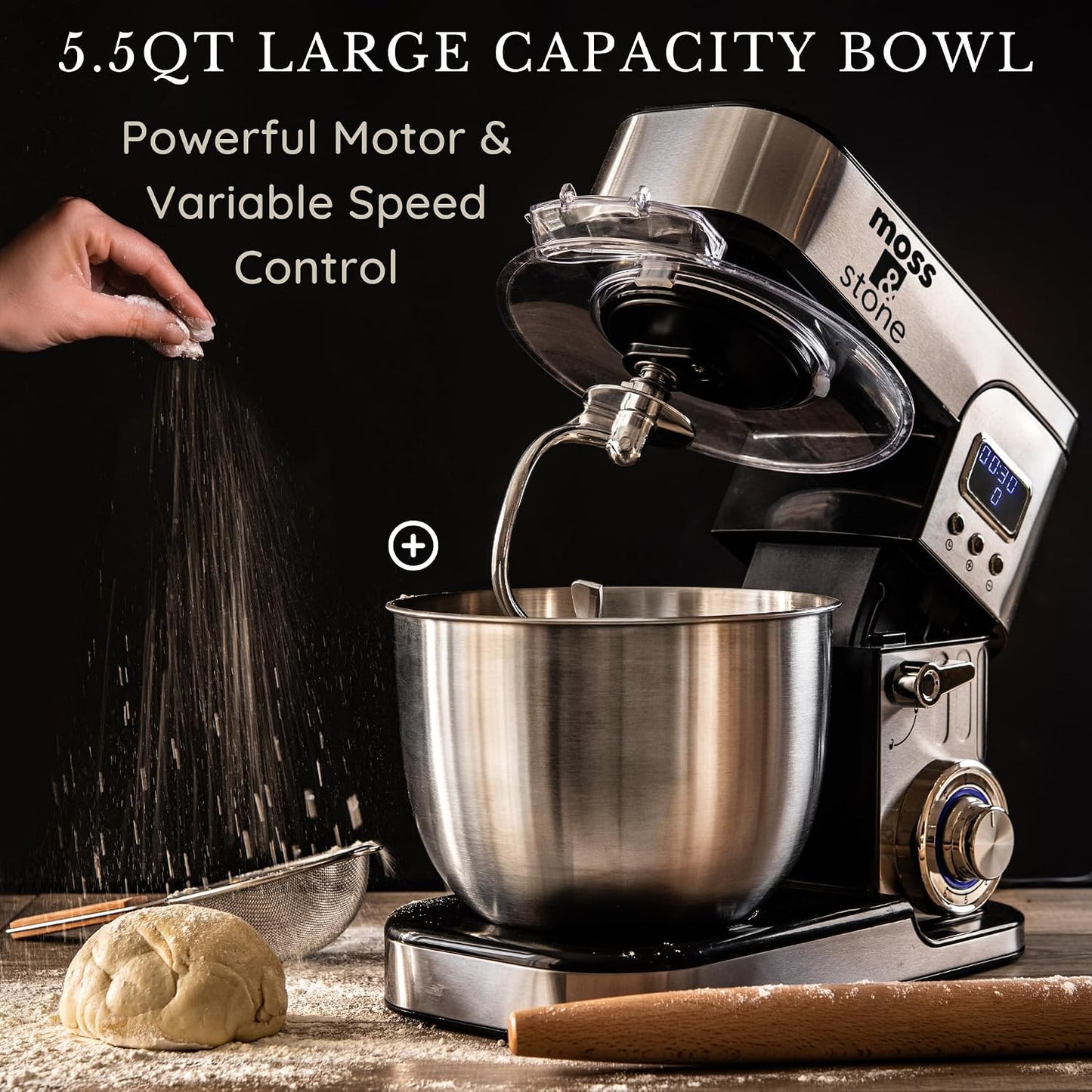 Moss &amp; Stone Stand Mixer With Lcd Display, 6 Speed Electric Mixer With 5.5 Quart Stainless Steel Mixing Bowl, Kitchen Mixer With Dough Hook, Egg Whisk, Beater &amp; Baking Spatula, Food Mixer With Timer