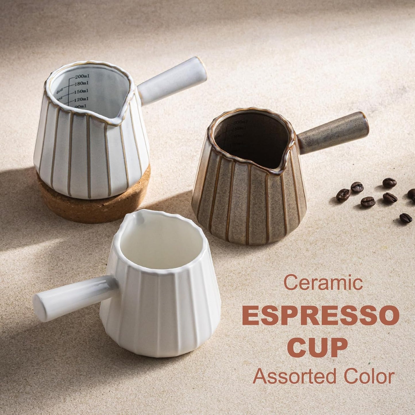 Espresso Cups, Ceramic Espresso Shot Cup with Handle, 6 OZ/ 200ML | Espresso Measuring Cup for Double Espresso, Espresso Accessories, Epresso Shot Glass with Dual Measurement Scales, White