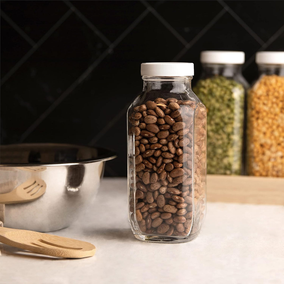 16oz Square Glass Milk Bottles with Plastic Airtight Lids -Vintage Reusable Dairy Drinking Jars Containers for Milk, Yogurt, Smoothies, Juice, Kefir, & Water -2 Pack 16 oz Glass Bottles with Lids