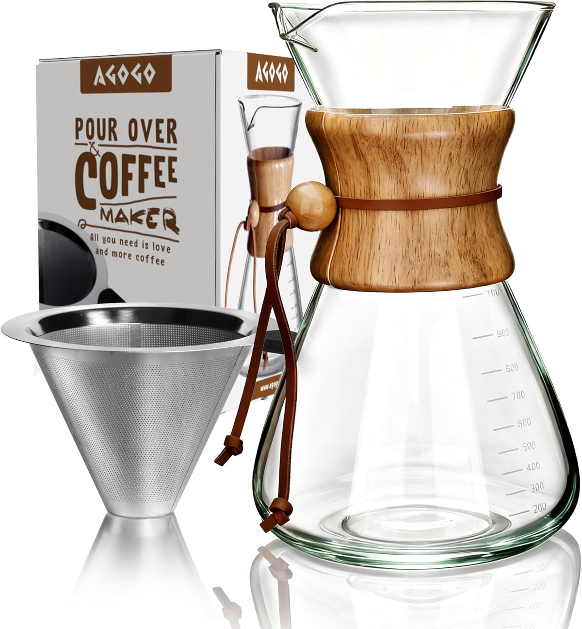 AGOGO Pour Over Coffee Maker Set, 34oz Slim Style, 304 Stainless Filter