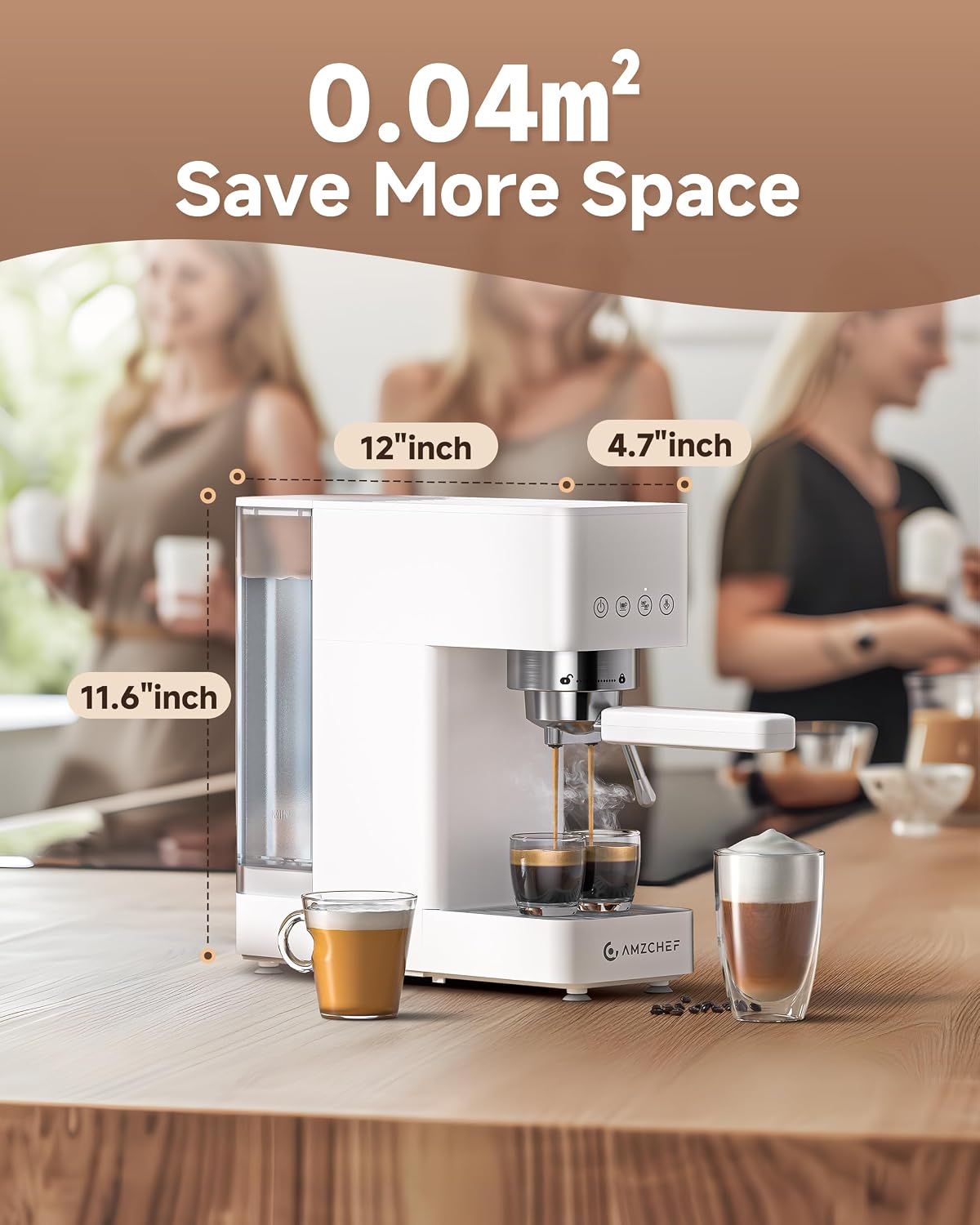 AMZCHEF Compact Espresso Machine 20 Bar, Americano, Latte &amp; Cappuccino | Easy One-Touch Brewing, 30s Heat-Up, Stable PID Control, Easy Milk Frothing, Compact Design, 50oz Tank, White
