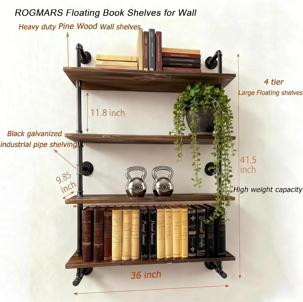 ROGMARS Industrial Pipe Wall Shelves with Real Wood Plank 36 Inches