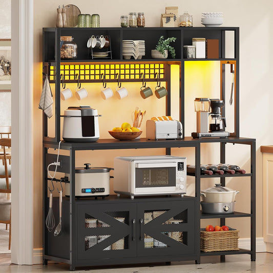 Itaar 47.2 Inch Bakers Rack with Power Outlet, Microwave Stand with Storage, Farmhouse Coffee Bar Cabinet Station with Wine