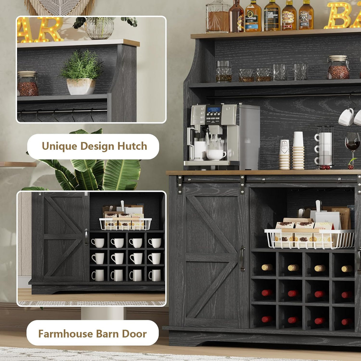 REVOMINCA 55" Farmhouse Coffee Bar Cabinet with 3 Tier Storage Hutch, Black