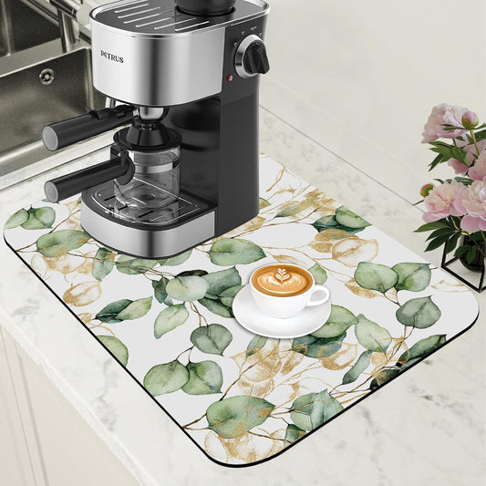 Gold and Green Eucalyptus Leaf Dish Drying Mat for Kitchen Counter Coffee Bar Mat Hide Stain Absorbent Rubber Backed Coffee